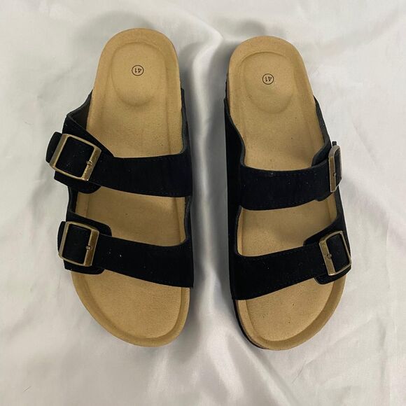 Boho Black Faux Suede Brassy Gold Buckle Sandals / Slides EU 41 US 10.5 - Picture 2 of 5